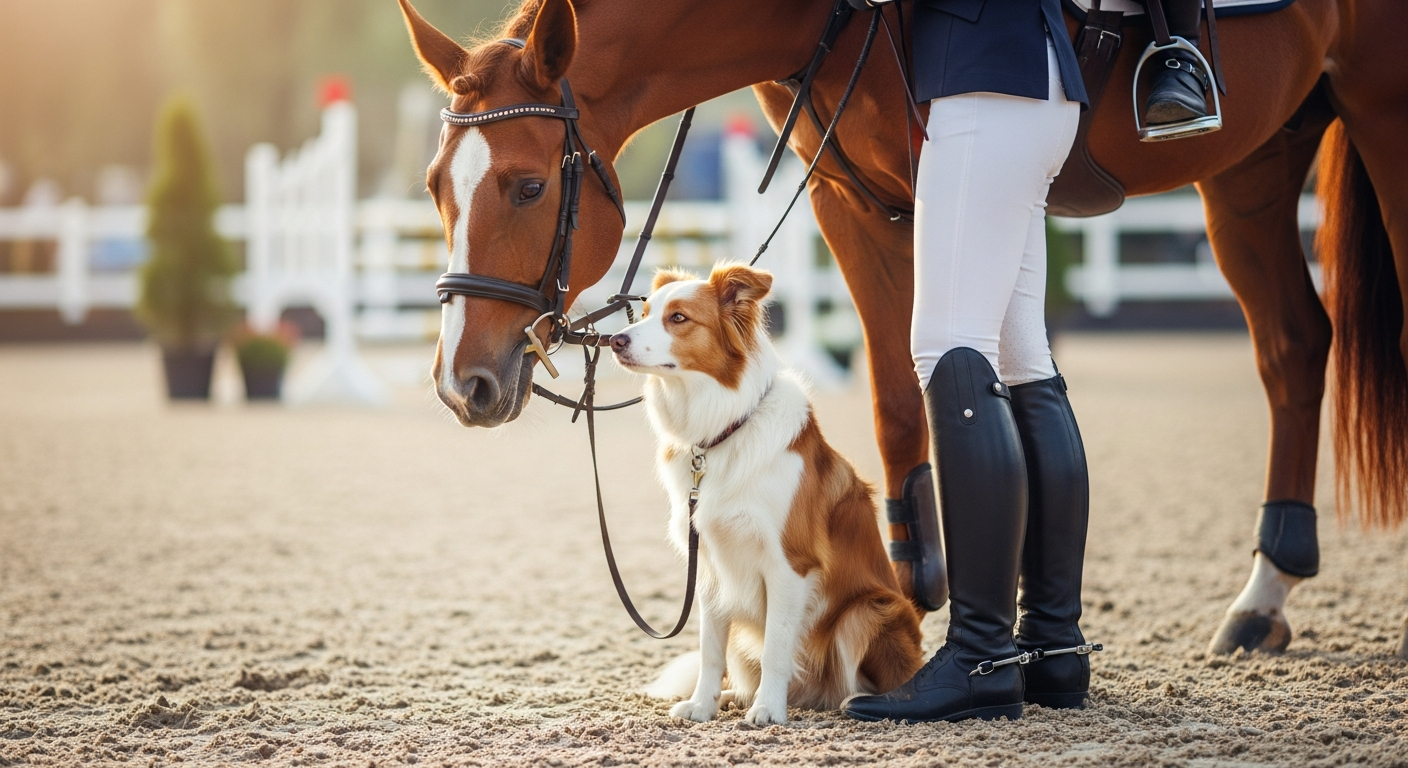 Calm Border Collie on a leash beside a rider's boots in a horse show warm-up ring